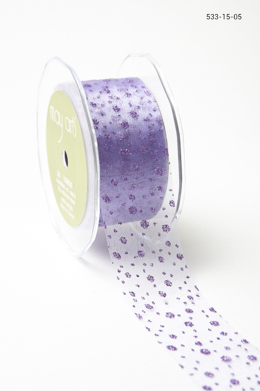 1.5 Inch Sheer Glitter Dot Ribbon with Cut Edge – 533-15-05 Lavender Glitter Dots
