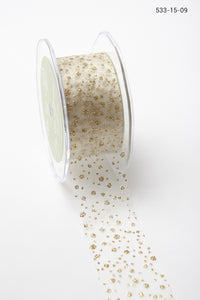 1.5 Inch Sheer Glitter Dot Ribbon with Cut Edge – 533-15-09 Ivory with Gold Glitter Dots