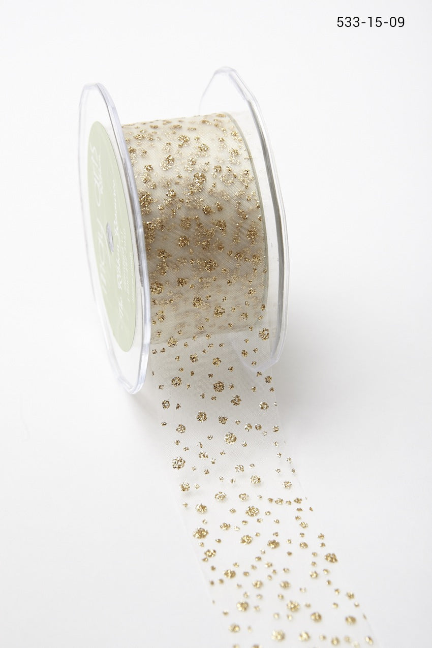 1.5 Inch Sheer Glitter Dot Ribbon with Cut Edge – 533-15-09 Ivory with Gold Glitter Dots