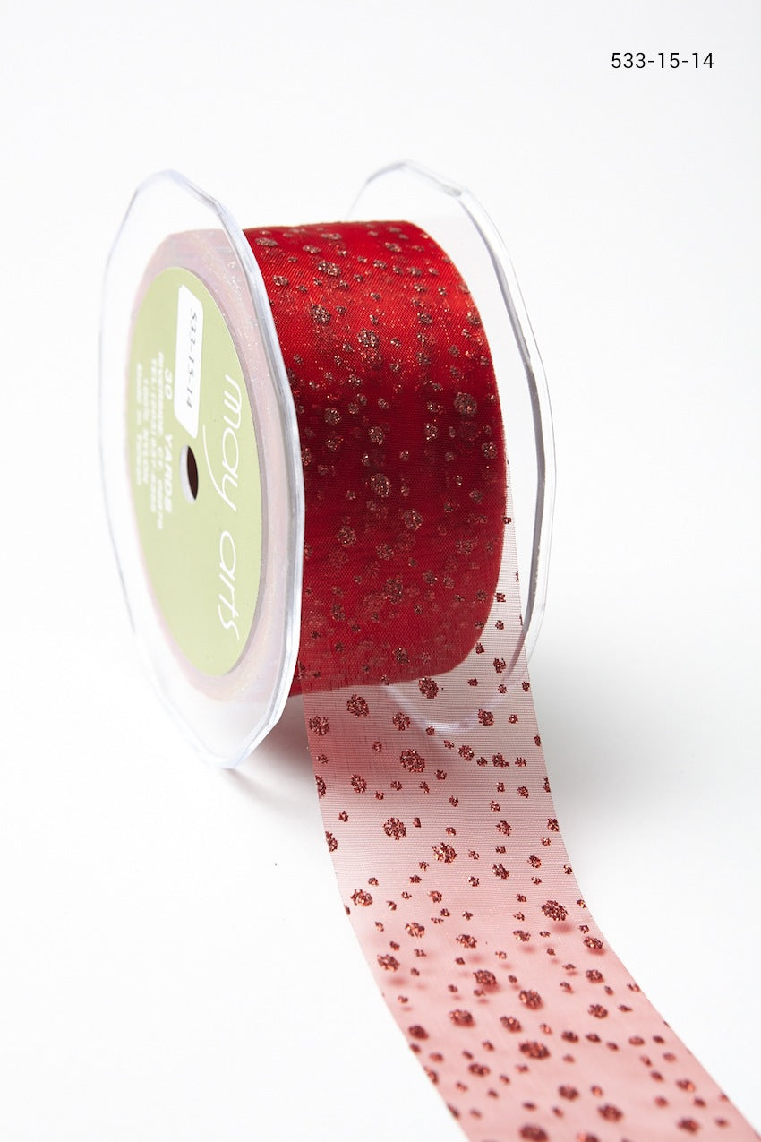 1.5 Inch Sheer Glitter Dot Ribbon with Cut Edge – 533-15-14 Red Glitter Dots