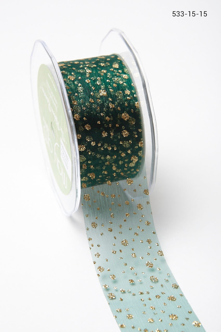 1.5 Inch Sheer Glitter Dot Ribbon with Cut Edge – 533-15-15 Green with Gold Glitter Dots