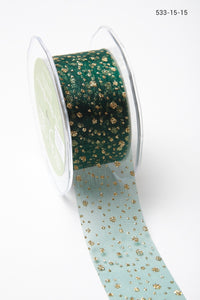 1.5 Inch Sheer Glitter Dot Ribbon with Cut Edge – 533-15-15 Green with Gold Glitter Dots