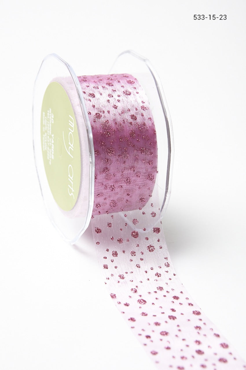 1.5 Inch Sheer Glitter Dot Ribbon with Cut Edge – 533-15-23 Light Fuchsia