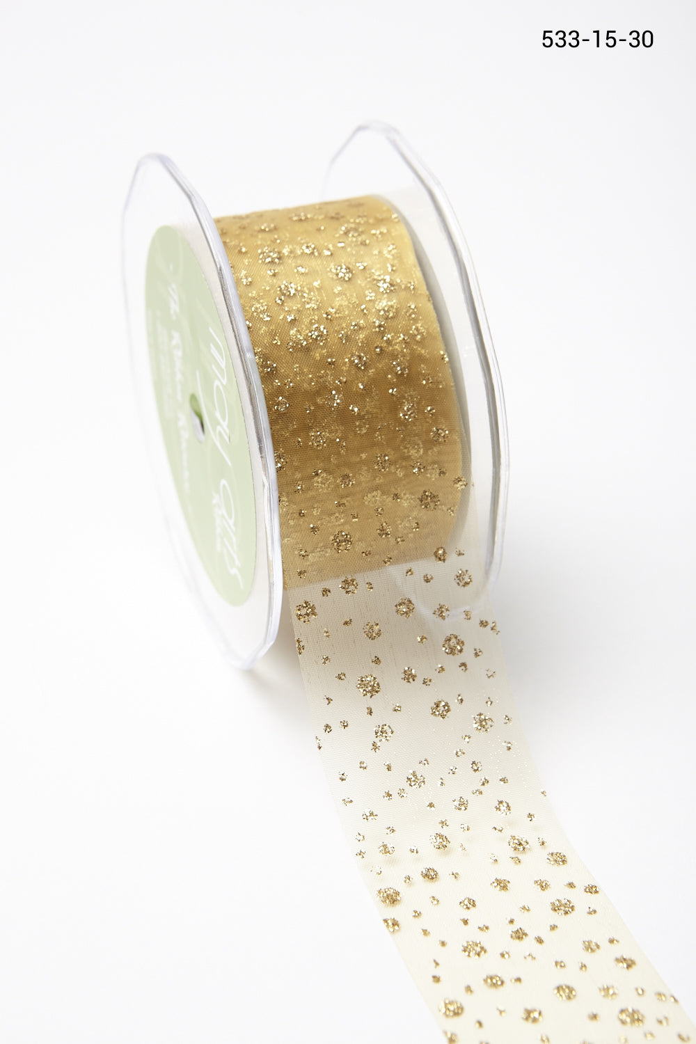 1.5 Inch Sheer Glitter Dot Ribbon with Cut Edge – 533-15-30 Gold with Gold Glitter Dots
