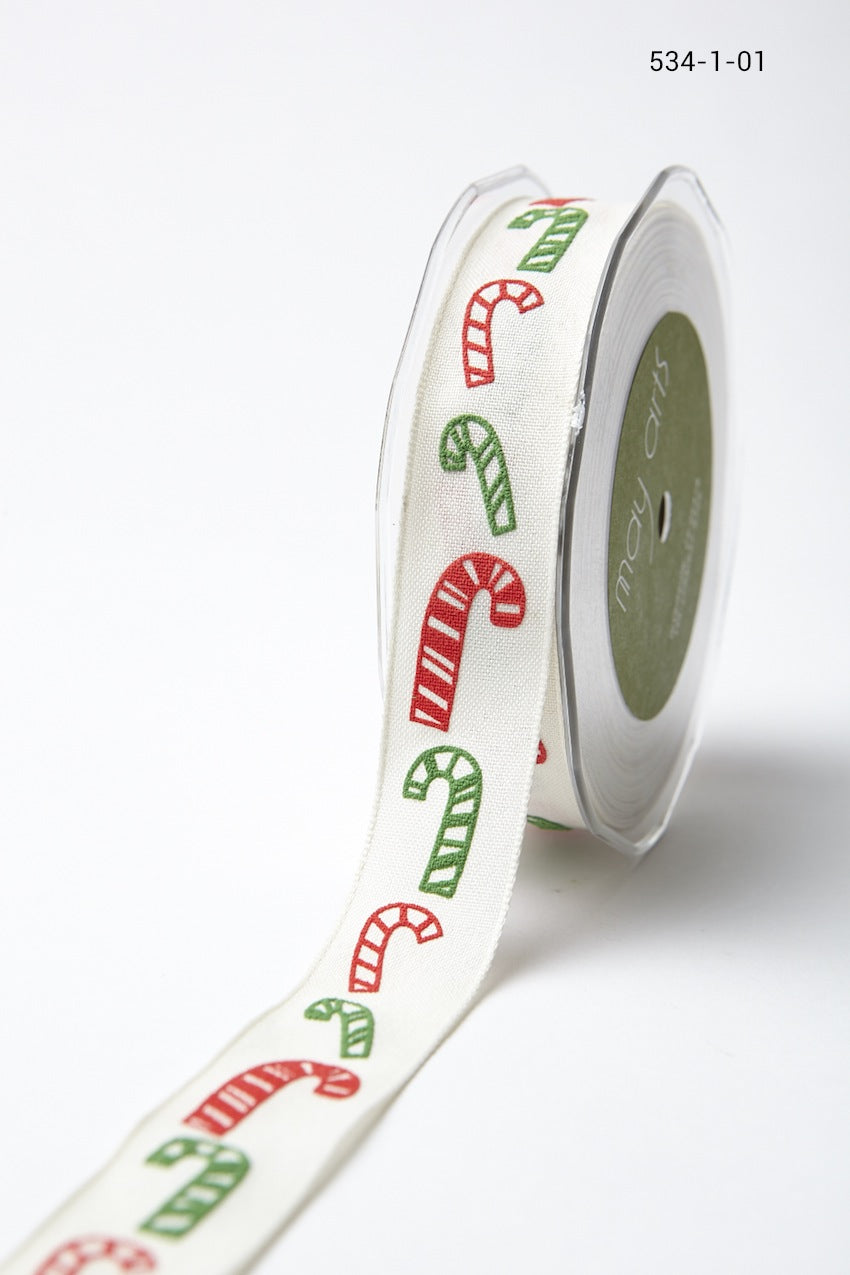 1 Inch Cotton Holiday Print Ribbon with Woven Edge – 534-1-01 ivory/red/green (Candy Cane)