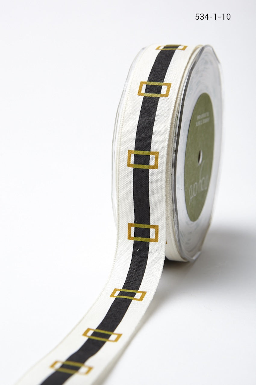 1 Inch Cotton Holiday Print Ribbon with Woven Edge – 534-1-10 ivory/black/gold (Santa Belt)