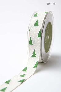 1 Inch Cotton Holiday Print Ribbon with Woven Edge – 534-1-15 ivory/green (Tree)