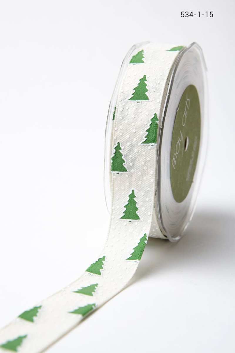 1 Inch Cotton Holiday Print Ribbon with Woven Edge – 534-1-15 ivory/green (Tree)