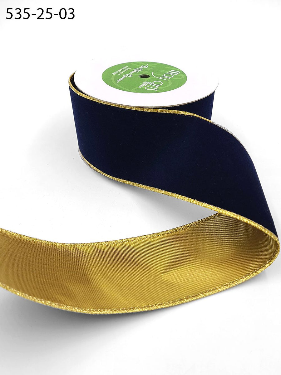 2.5 Inch Velvet Gold Back Ribbon with Wired Edge – 535-25-03 navy
