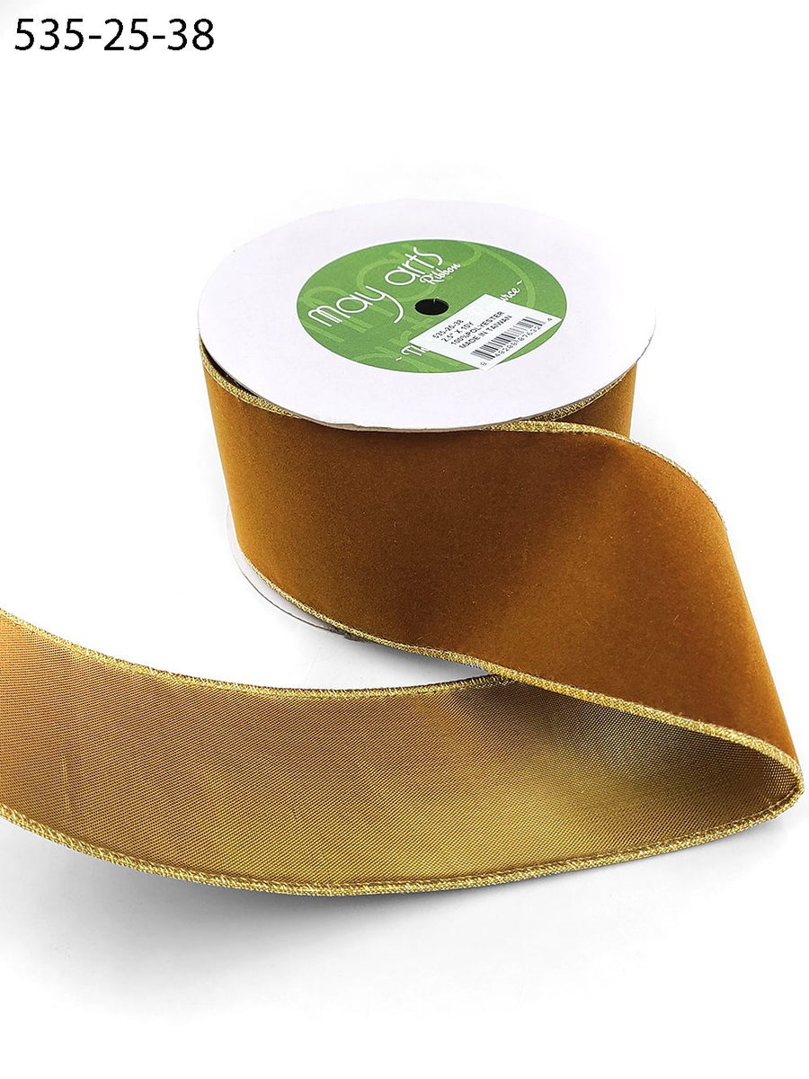 2.5 Inch Velvet Gold Back Ribbon with Wired Edge – 535-25-38 bronze
