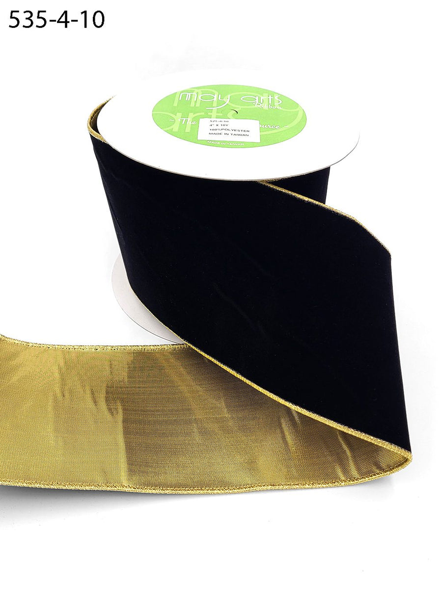4 Inch Velvet Gold Back Ribbon with Wired Edge – 535-4-10 black