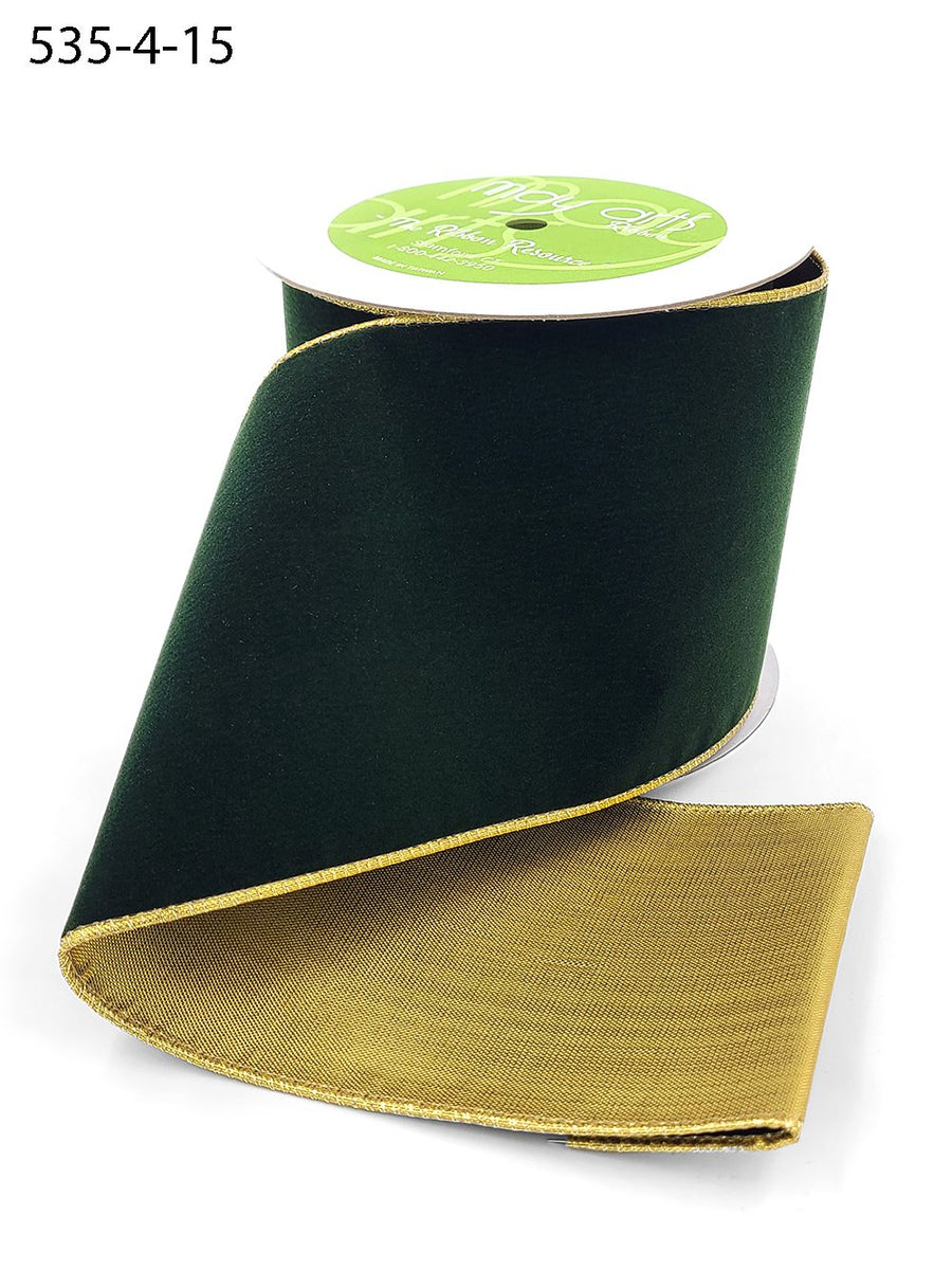 4 Inch Velvet Gold Back Ribbon with Wired Edge – 535-4-15 forest green