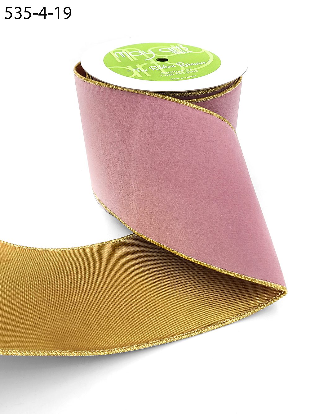 4 Inch Velvet Gold Back Ribbon with Wired Edge – 535-4-19 dusty pink