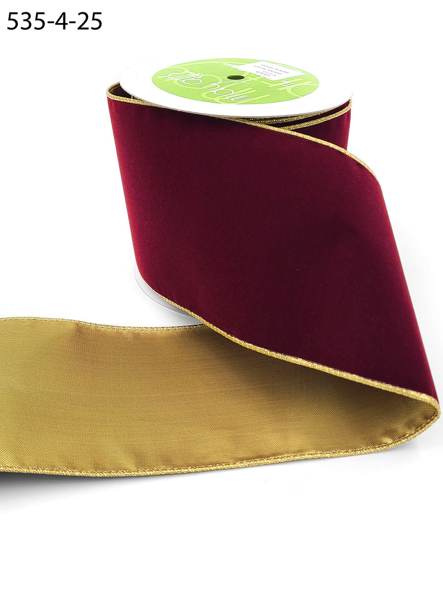 4 Inch Velvet Gold Back Ribbon with Wired Edge – 535-4-25 dark red
