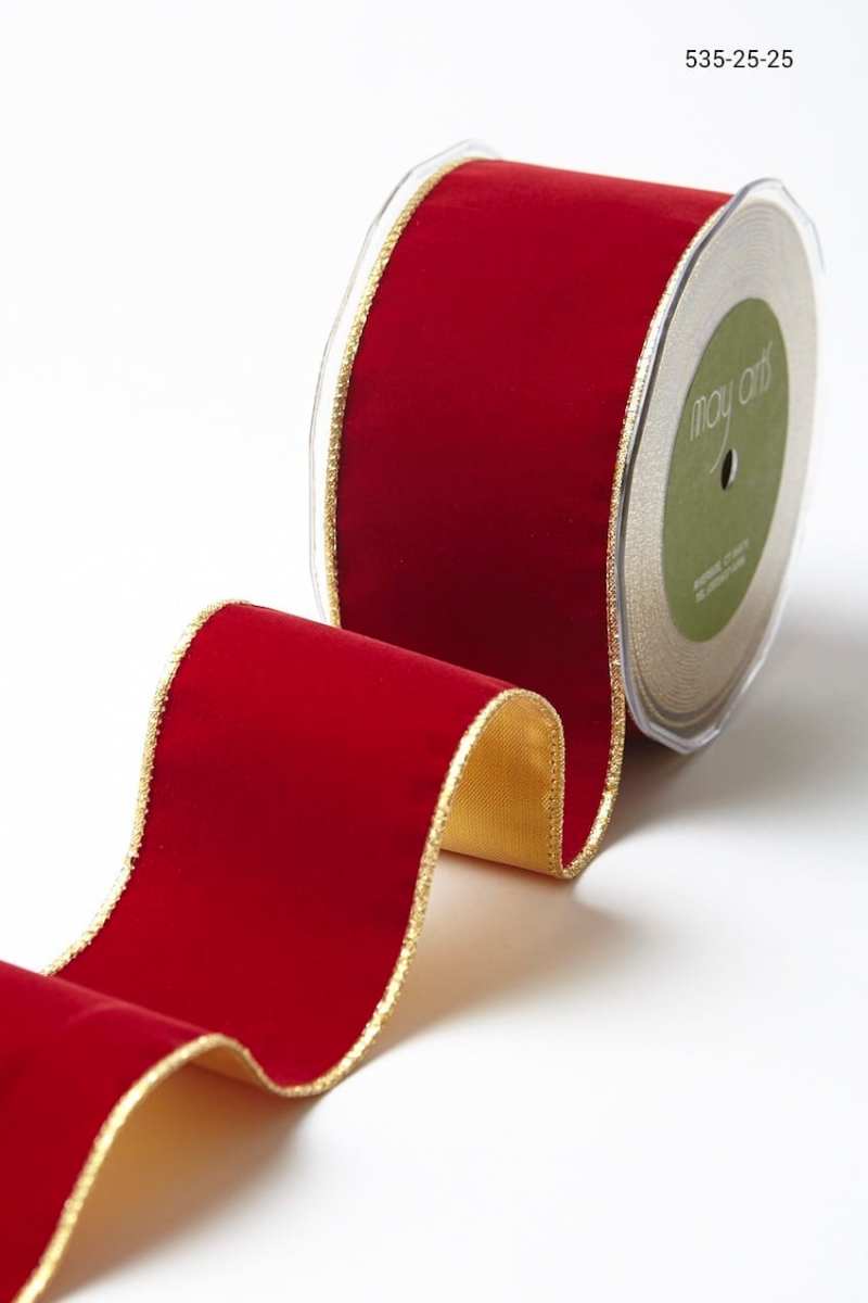 2.5 Inch Velvet Gold Back Ribbon with Wired Edge – 535-25-25 dark red