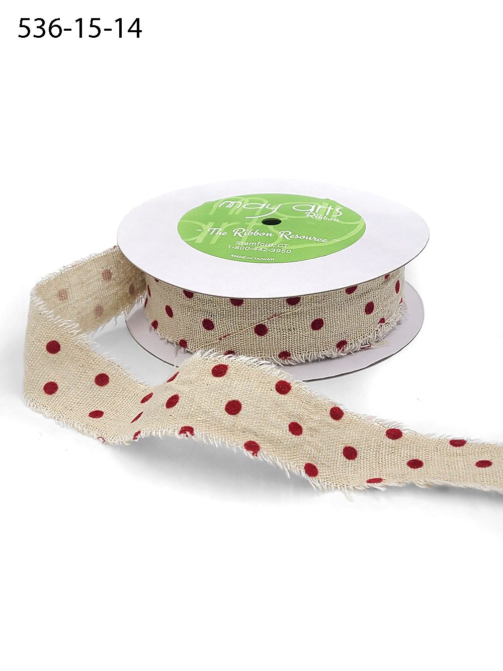 1.5 Inch Velvet Polka Dots on Natural Ribbon with Frayed Edge – 536-15-14 natural/red dots