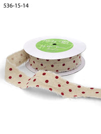 1.5 Inch Velvet Polka Dots on Natural Ribbon with Frayed Edge – 536-15-14 natural/red dots