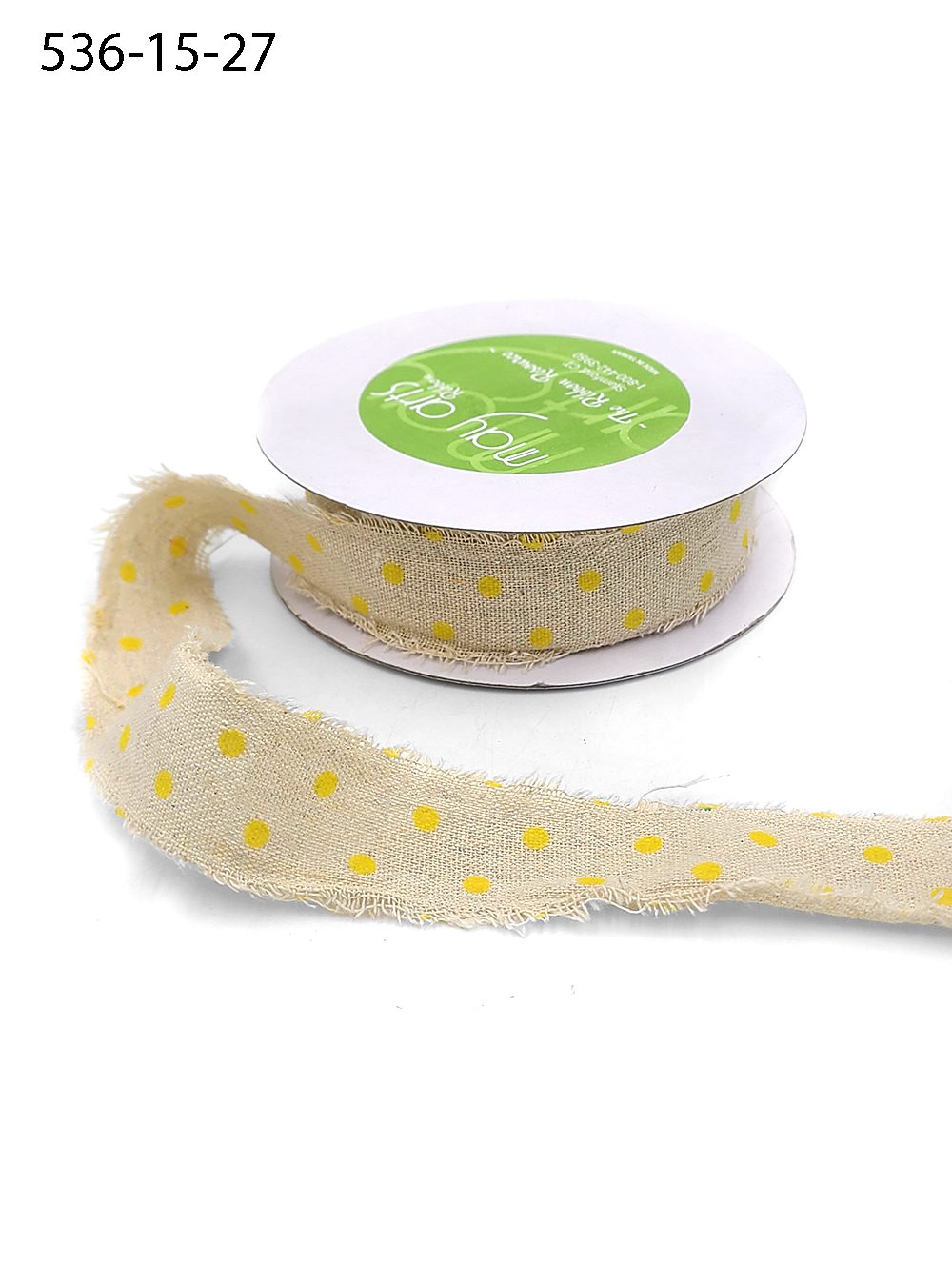 1.5 Inch Velvet Polka Dots on Natural Ribbon with Frayed Edge – 536-15-27 natural/yellow dots