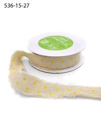 1.5 Inch Velvet Polka Dots on Natural Ribbon with Frayed Edge – 536-15-27 natural/yellow dots