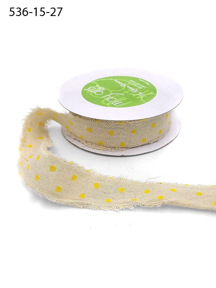1.5 Inch Velvet Polka Dots on Natural Ribbon with Frayed Edge – 536-15-27 natural/yellow dots