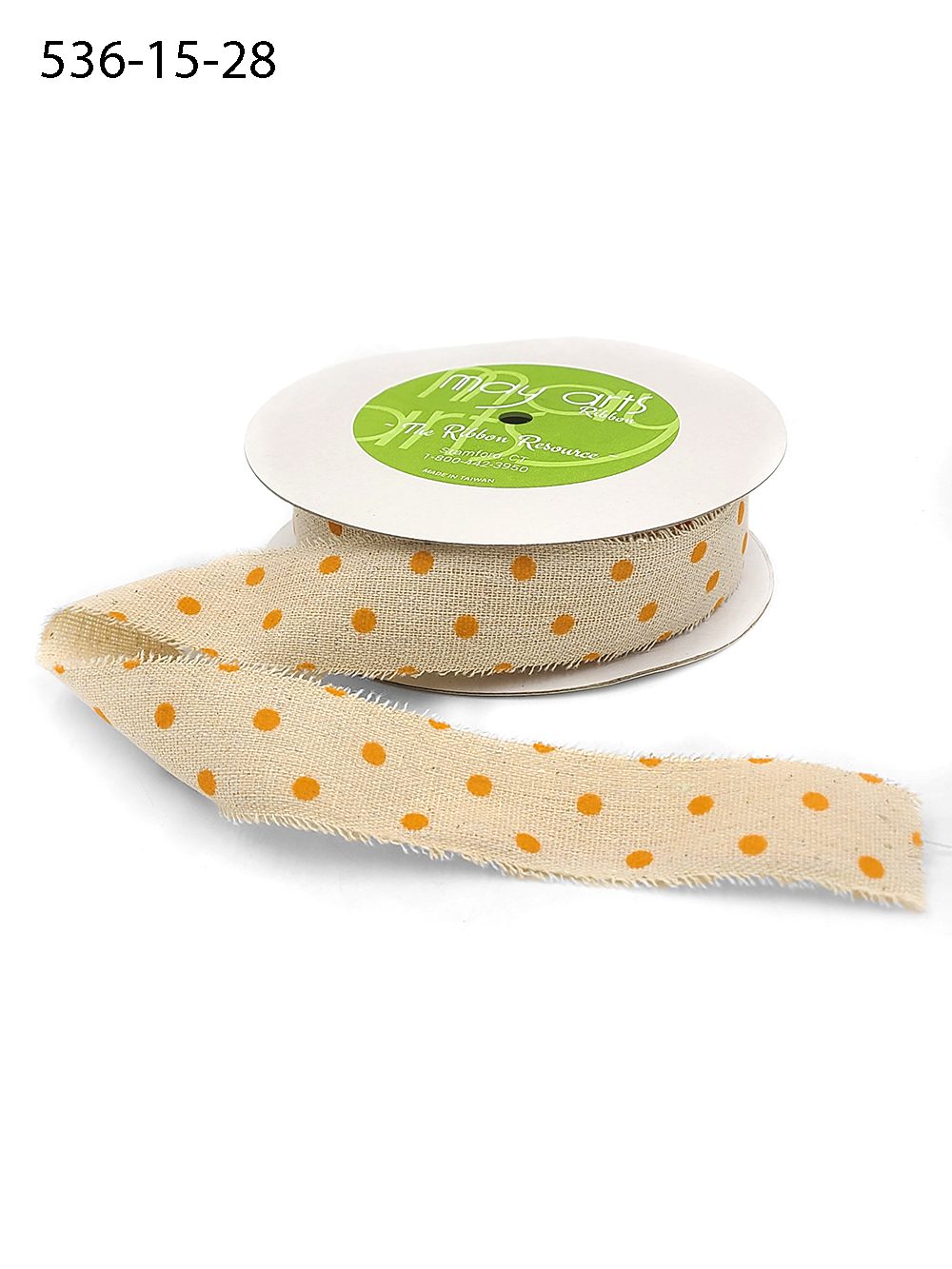 1.5 Inch Velvet Polka Dots on Natural Ribbon with Frayed Edge – 536-15-28 natural/orange dots