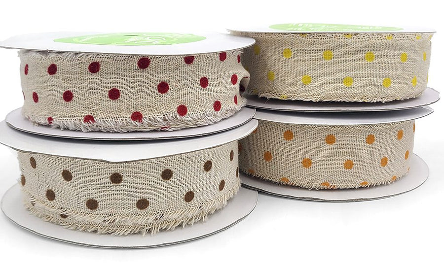 1.5 Inch Velvet Polka Dots on Natural Ribbon with Frayed Edge