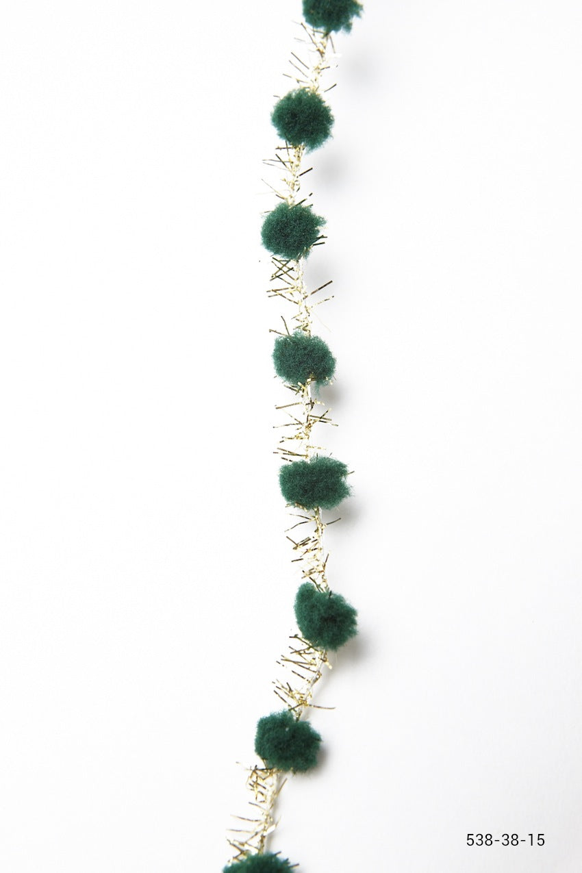3/8 Inch Pom Pom with Metallic Fringe – 538-38-15 forest green/gold