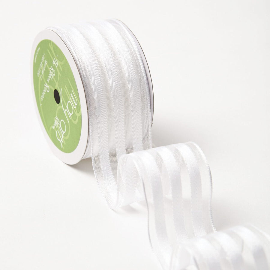 1.5 Inch Sheer with Woven Stripes Ribbon with Wired Edge – 544-15-01 white