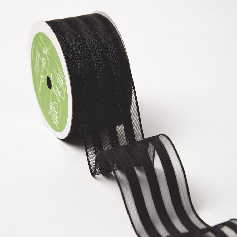 1.5 Inch Sheer with Woven Stripes Ribbon with Wired Edge – 544-15-10 black