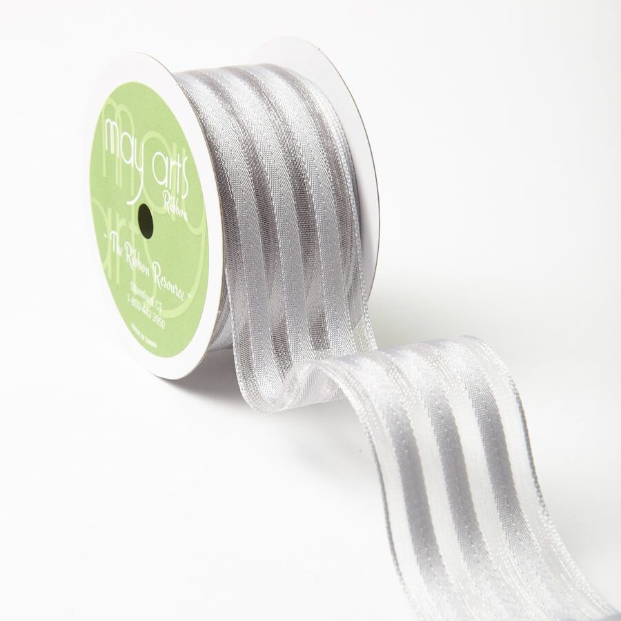 1.5 Inch Sheer with Woven Stripes Ribbon with Wired Edge – 544-15-31 Grey