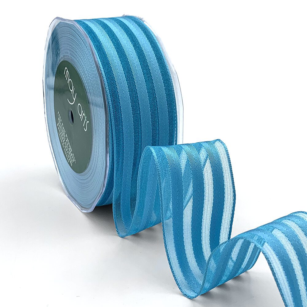1.5 Inch Sheer with Woven Stripes Ribbon with Wired Edge – 544-15-34 blue