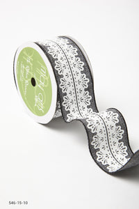 1.5 Inch White Lace Print Ribbon with Wired Edge – 546-15-10 black/white