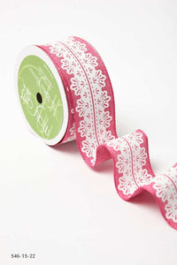 1.5 Inch White Lace Print Ribbon with Wired Edge – 546-15-22 fuchsia/white