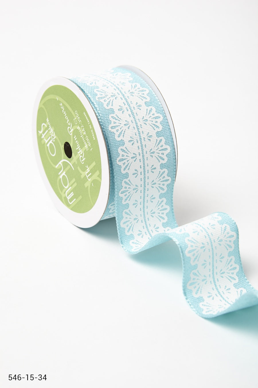 1.5 Inch White Lace Print Ribbon with Wired Edge – 546-15-34 blue/white