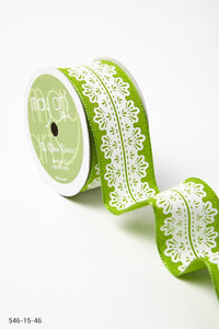 1.5 Inch White Lace Print Ribbon with Wired Edge – 546-15-46 parrot green/white