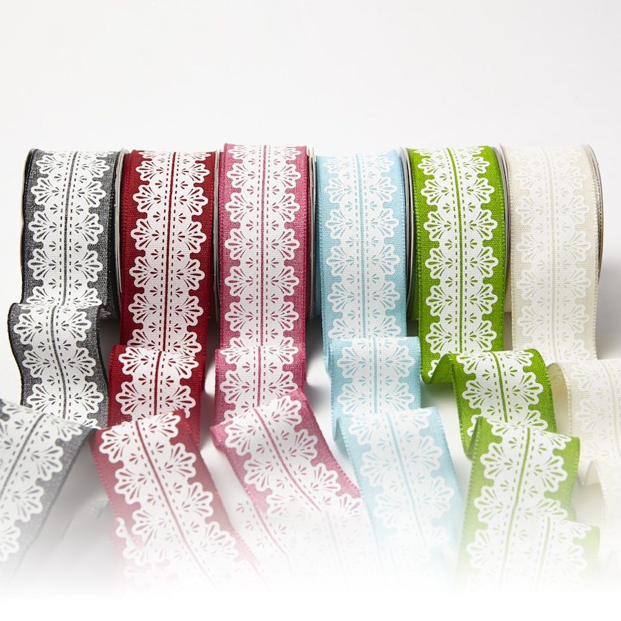 1.5 Inch White Lace Print Ribbon with Wired Edge