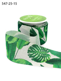 2.5 Inch Tropical Leaves Print Ribbon with Wired Edge – 547-25-15L Faux Linen Green Leaves (Non-Wired)