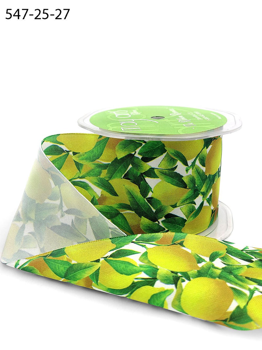 2.5 Inch Lemons Leaves Print Ribbon with Wired Edge – 547-25-27 LEMON/LEAVES