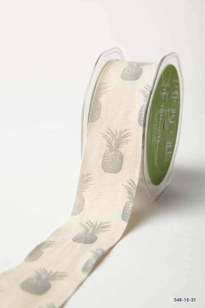 1.5 Inch Cotton Pineapple Print Ribbon with Woven Edge – 548-15-31 grey pineapples