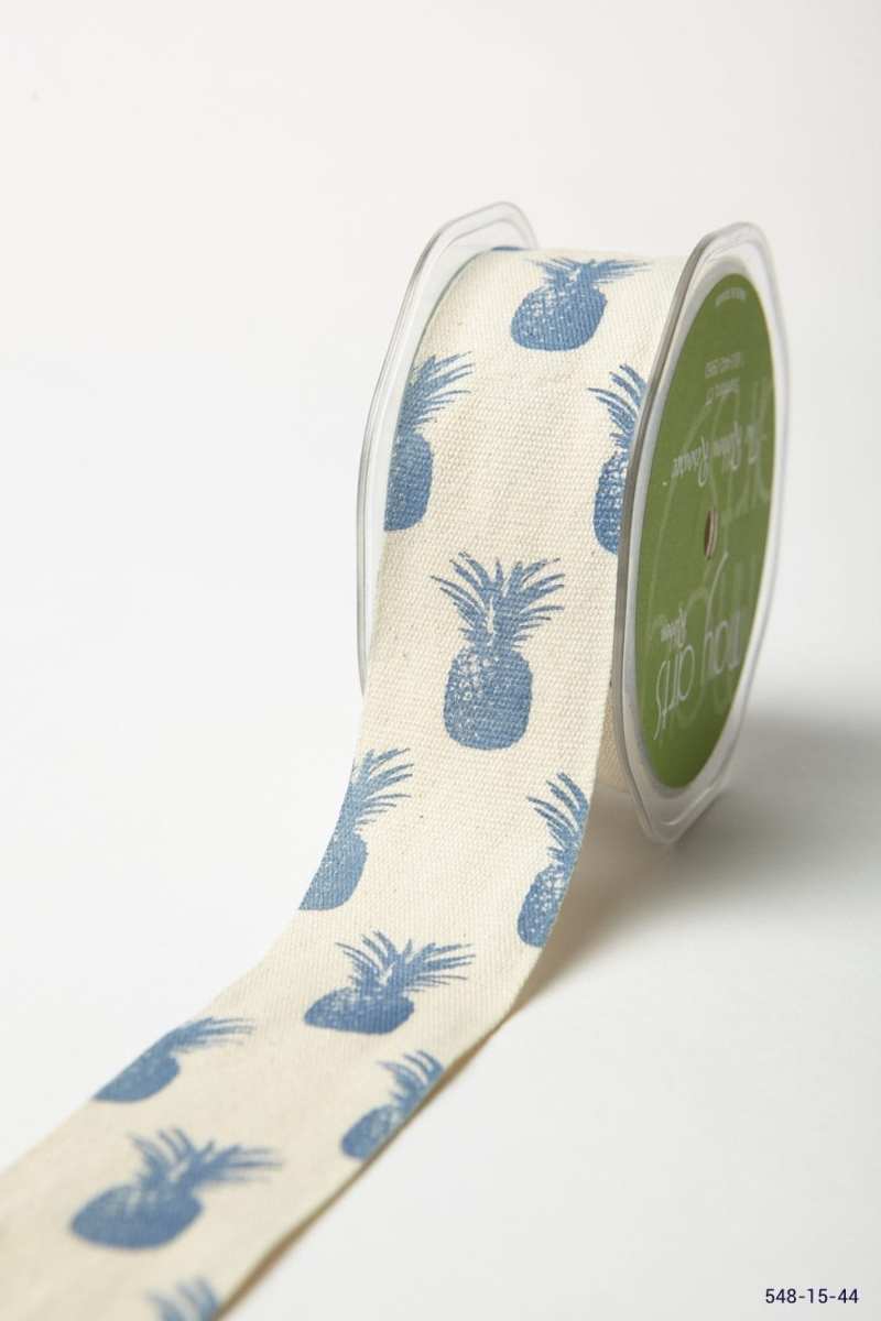 1.5 Inch Cotton Pineapple Print Ribbon with Woven Edge – 548-15-44 blue pineapples