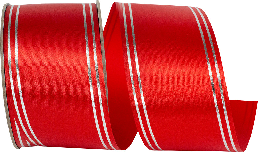 Red Silver 2-1 2 Inch Quad Strip Satin Cooler Ribbon for Wreaths & Bows