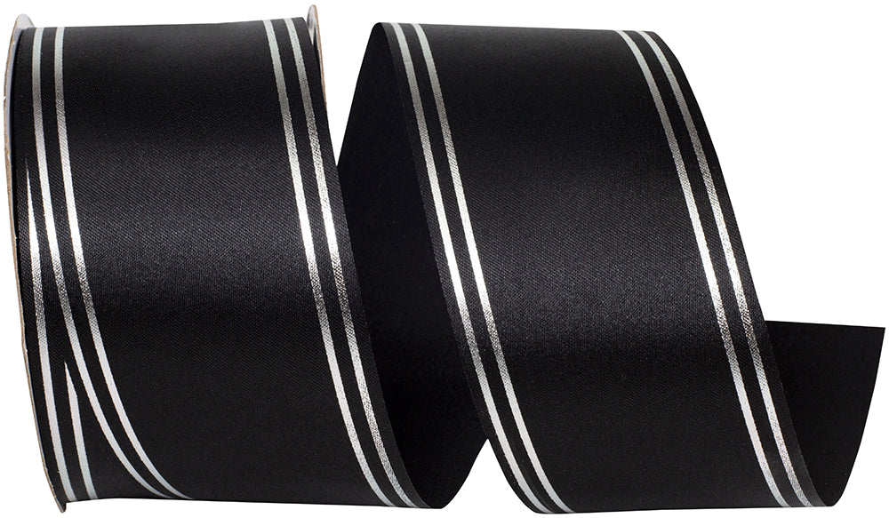 Black Silver 2-1 2 Inch Quad Strip Satin Cooler Ribbon for Wreaths & Bows