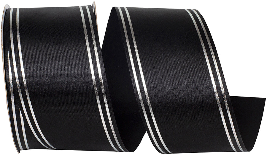 Black Silver 2-1 2 Inch Quad Strip Satin Cooler Ribbon for Wreaths & Bows