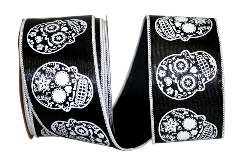 Black White 2-1 2 Inch Day Of The Dead Wired Edge Ribbon for Wreaths & Bows