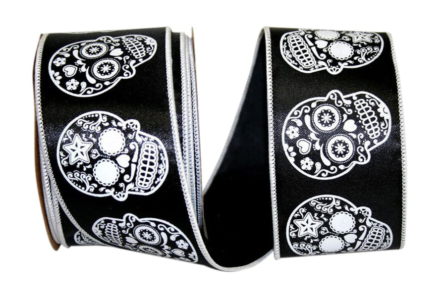 Black White 2-1 2 Inch Day Of The Dead Wired Edge Ribbon for Wreaths & Bows
