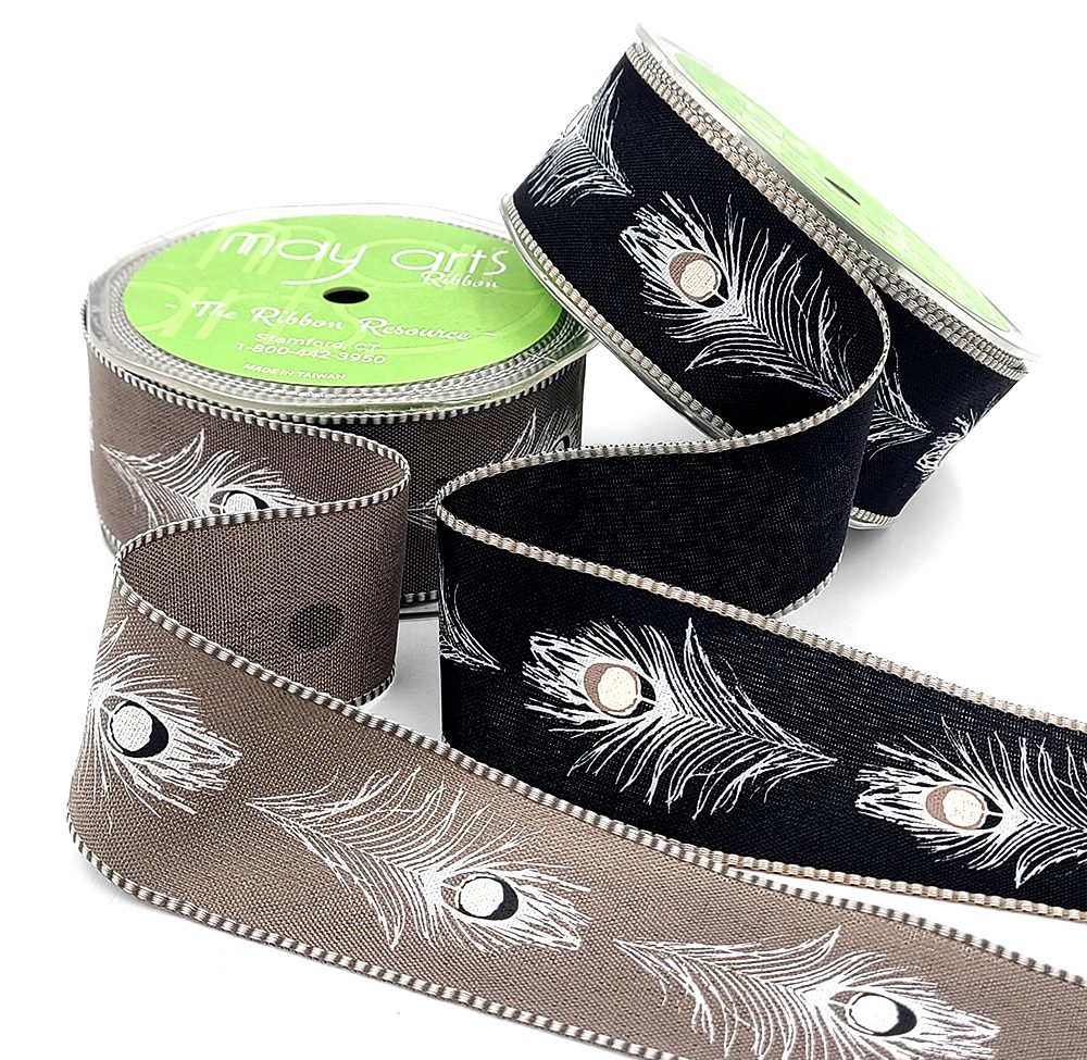 1.5 Inch Peacock Feather Print Ribbon with Woven Edge