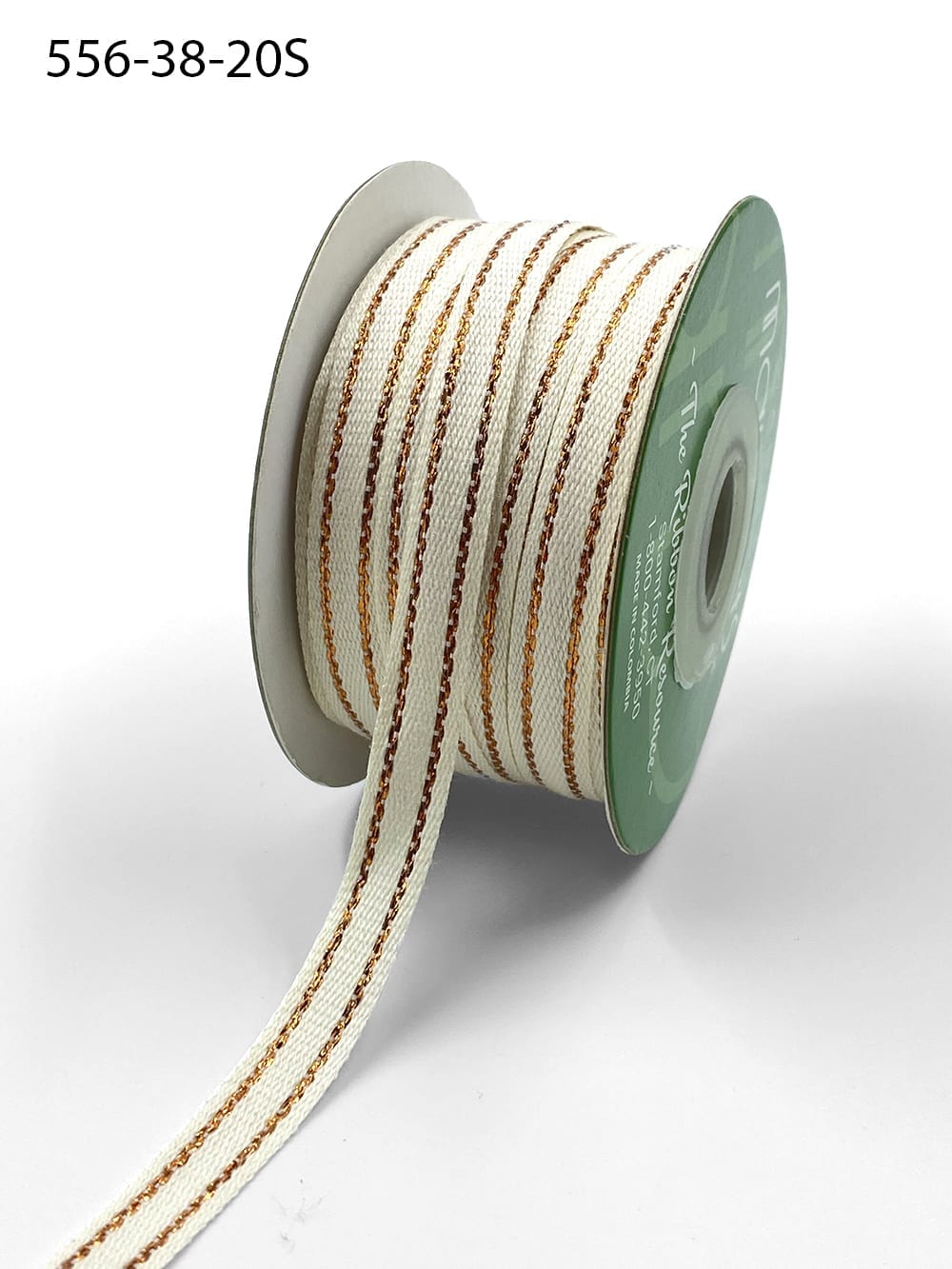 3/8 Inch Canvas with Woven Metallic Center Line Ribbon with Woven Edge – 556-38-20S Ivory/Rose Gold