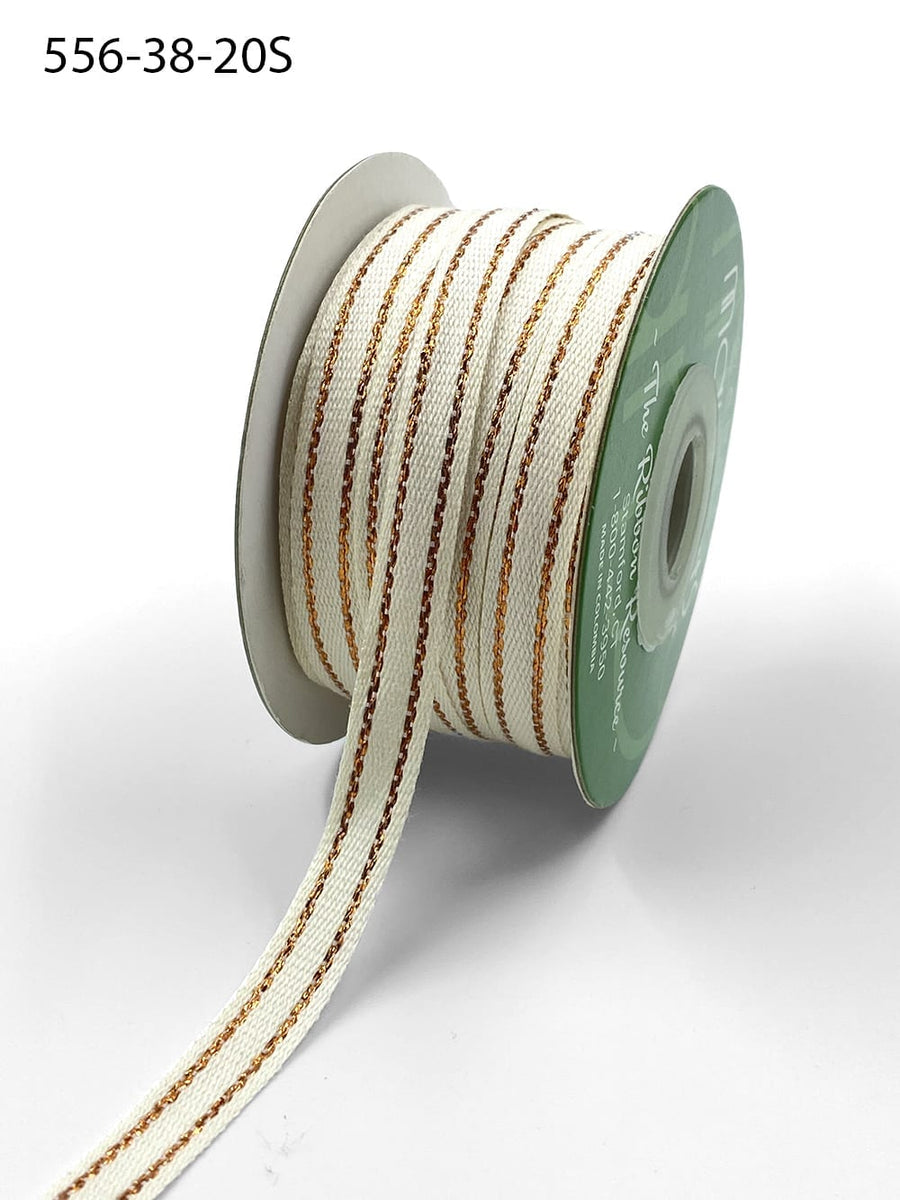 3/8 Inch Canvas with Woven Metallic Center Line Ribbon with Woven Edge – 556-38-20S Ivory/Rose Gold