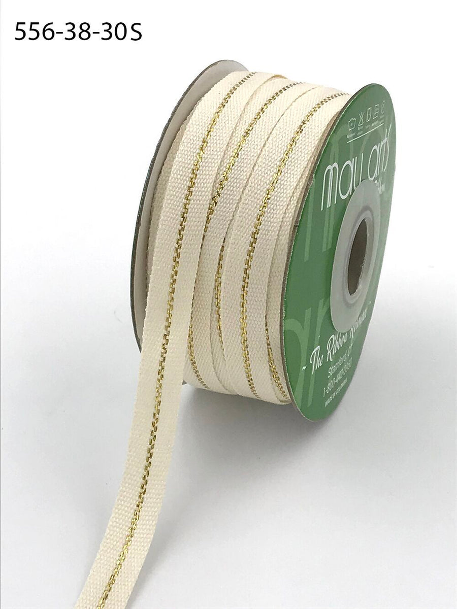 3/8 Inch Canvas with Woven Metallic Center Line Ribbon with Woven Edge – 556-38-30S Natural/Gold