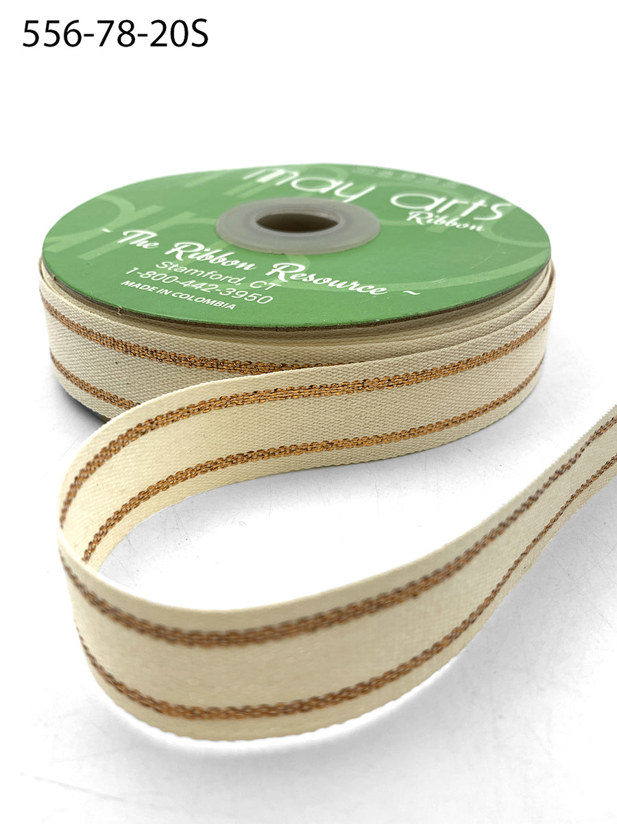 7/8 Inch Canvas with Woven Metallic Center Line Ribbon with Woven Edge – 556-78-20S IVORY/ROSE GOLD (TWO STRIPE) (NEW)
